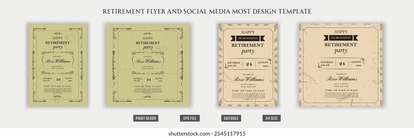 Retirement flyer, social media design template, old, elder, cool, peace, chill, illustration, funny, vintage, century, fashion, grand father, experience, retirement party, celebration, congratulations