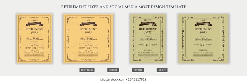 Retirement flyer, social media design template, old, elder, cool, peace, chill, illustration, funny, vintage, century, fashion, grand father, experience, retirement party, celebration, congratulations