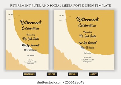 Retirement flyer traditional bohemian boho natural vintage elder old flyer savings celebration party invitation set decoration anniversary luxury life  print ready eps file templates.