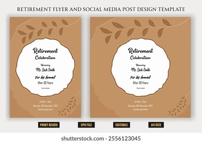 Retirement flyer traditional bohemian boho natural vintage elder old flyer savings celebration party invitation set decoration anniversary luxury life  print ready eps file templates.