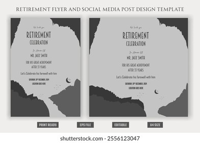 Retirement flyer traditional bohemian boho natural vintage elder old flyer savings celebration party invitation set decoration anniversary luxury life  print ready eps file templates.