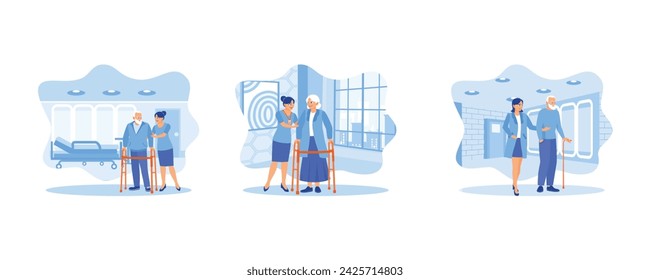 Retirement or help with healthcare or walking stick.  Young caregiver helping senior woman walking.  Doctor or nurse caregiver with senior man holding walking cane at home or nursing home. 