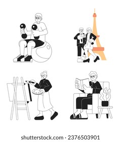 Retirement hobbies black and white cartoon flat illustration set. Lifestyle retiree pensioners linear 2D characters isolated. Senior leisure activities monochromatic scene vector image collection