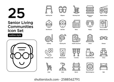 Retirement Home Community and Senior Living. Medical Care, Assistance, and Support. Vector Illustration. Outline icon set