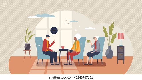 Retirement home or elderly seniors health and mental care tiny person concept. Recreation living and spending time together with other people vector illustration. Grandmother and grandfather talking.