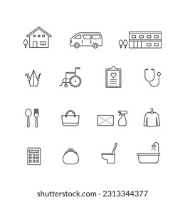 Retirement home, healthcare and other care, medical welfare icon set.