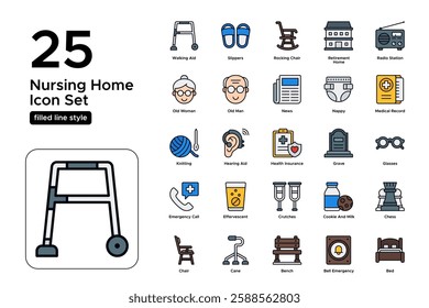 Retirement Home and Senior Living. Healthcare, Support, and Assisted Living. Vector Illustration. FIlled line icon set