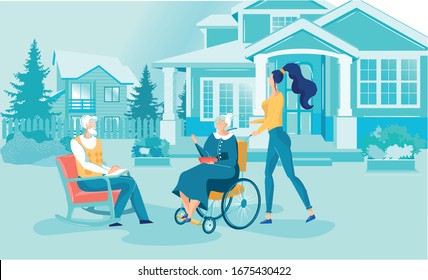 Retirement Home Vector Illustration. Cartoon Volunteer Girl Visit Senior Woman and Man. Grandmother in Wheelchair. Voluntary Nonprofit Help. Disabled Assistance. Elderly People Care