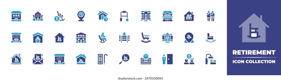 Retirement icon collection. Duotone color. Vector illustration. Containing retirementhome, rockingchair, retirement, nursinghome, financialindependence, elder, care, nurseryhome, pension, walker.