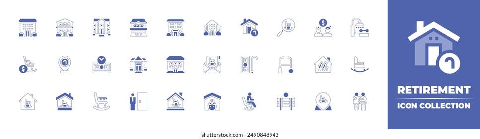 Retirement icon collection. Duotone style line stroke and bold. Vector illustration. Containing retirementhome, rockingchair, retirement, financialindependence, nursinghome, nurseryhome.