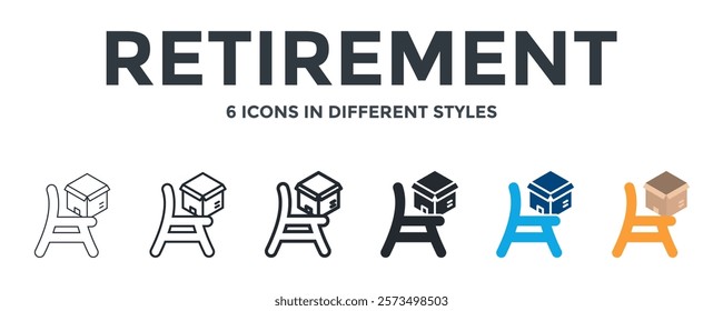 Retirement Icon In Different Style Vector Illustration. Designed In Thin Line, Regular Line, Bold Line, Glyph, Color Fill, And Flat Style Can Be Used For Web