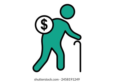icono de jubilación. anciano usando bastón con dólar. icono relacionado con anciano. estilo de icono de línea plana. ilustración de elemento de edad avanzada