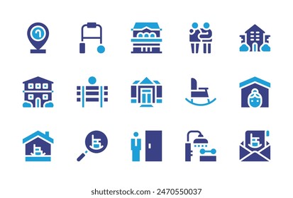 Conjunto de iconos de jubilación. Color duotono. Ilustración vectorial. Conteniendo el hogar de retiro, retiro, cuidado, hogar de ancianos, asilo, pensión, mecedora, caminante.