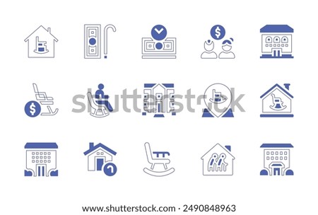 Retirement icon set. Duotone style line stroke and bold. Vector illustration. Containing retirementhome, rockingchair, retirement, nursinghome, financialindependence, elder.