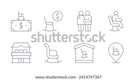 Retirement icons. Editable stroke. Containing care, pension, rockingchair, nursinghome, retirementhome, retirement.