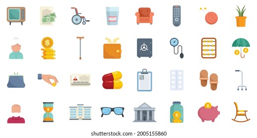 Retirement icons set. Flat set of retirement vector icons isolated on white background