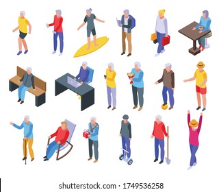 Retirement icons set. Isometric set of retirement vector icons for web design isolated on white background
