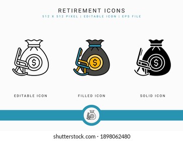 Los iconos de retiro establecen la ilustración vectorial con el estilo de línea de icono. Concepto del plan de pensiones. Icono de trazo editable sobre fondo blanco aislado para diseño web, interfaz de usuario y aplicación móvil