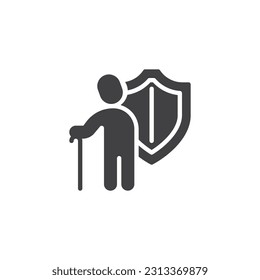 Retirement insurance vector icon. filled flat sign for mobile concept and web design. Old man protection shield glyph icon. Symbol, logo illustration. Vector graphics