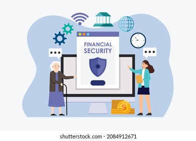 Retirement investment vector concept. Elderly woman looking at financial security on the monitor while standing with consultant