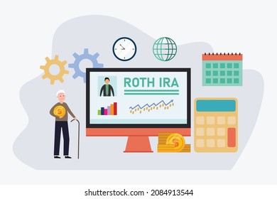 Retirement Investment Vector Concept. Senior Man Looking At Growth Finance Chart With ROTH IRA Text On The Monitor While Holding Coin