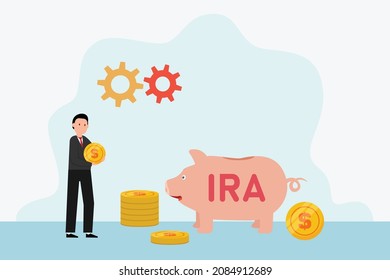 Retirement investment vector concept. Young man putting coins into piggy bank with IRA word while standing with gear background