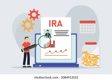 Retirement Investment Vector Concept. Young Man Using A Magnifying Glass To Checking IRA Account On The Laptop