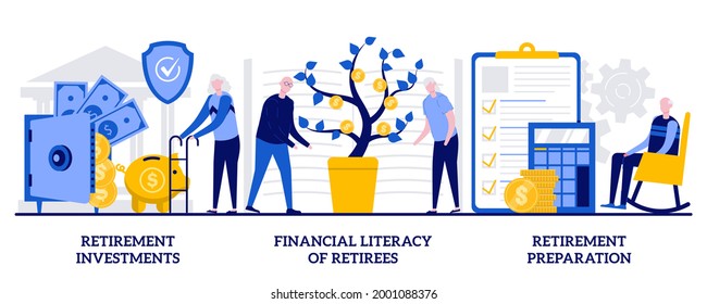 Retirement investments, financial literacy of retirees, retirement preparation concept with tiny people. Pension fund abstract vector illustration set. Elderly people education, money saving metaphor.