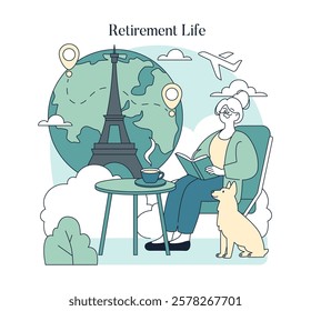 Retirement Life concept. Senior woman enjoys her leisure time, reading a book with her pet, dreaming of travel. Peaceful retirement living. Vector illustration.