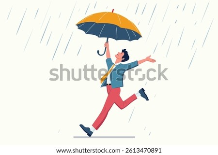 retirement life plan security concept, carefree freedom happy man dancing in rain under umbrella , saving investment goal , financial insurance , cartoon vector