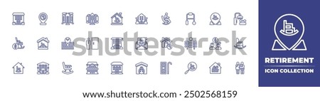 Retirement line icon collection. Editable stroke. Vector illustration. Containing retirementhome, rockingchair, retirement, financialindependence, nursinghome, nurseryhome.