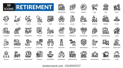 Retirement line icon collection set. Includes pension, savings, relax, senior, leisure, travel, freedom, finance, planning, investment, security, future, income, nest egg, health