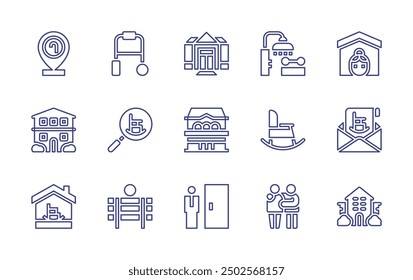 Retirement line icon set. Editable stroke. Vector illustration. Containing retirementhome, retirement, care, nursinghome, nurseryhome, pension, rockingchair, walker.