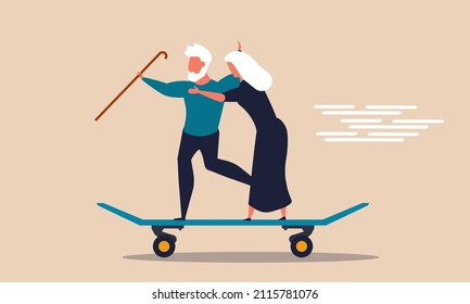 Retirement man and woman on skateboard. Senior age vacation and travel trip on pension vector illustration concept. Elder people life and happy friendship. Active recreation and fun celebration