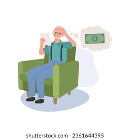 Retirement Money Concerns. Elderly man worried and Stressed About Bills and Financial. Flat vector cartoon illustration