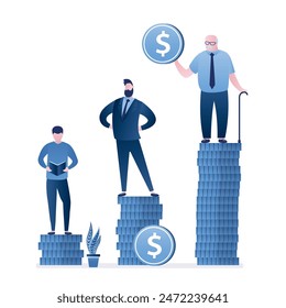 Retirement money plan and savings growth. Pension fund, investments concept. Old and young men stand on stacks of dollar coins. Career ladder. Various male characters. Flat vector illustration