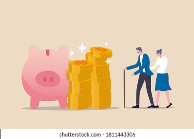 Retirement mutual fund, 401k or Roth IRA savings for happy life after retire and financial freedom concept, rich senior couple elderly man and woman stand with stacked of dollar coins pink piggy bank.