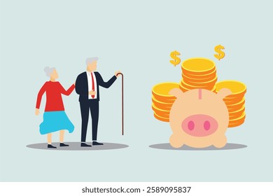 Retirement mutual fund, 401k or Roth IRA savings for happy life after retire and financial freedom concept, rich senior couple elderly man and woman stand with stacked of dollar coins pink piggy bank