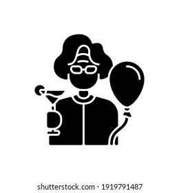 Retirement party black glyph icon. Retiree with drink and balloon. Birthday anniversary for senior woman. Elderly person congratulation. Silhouette symbol on white space. Vector isolated illustration