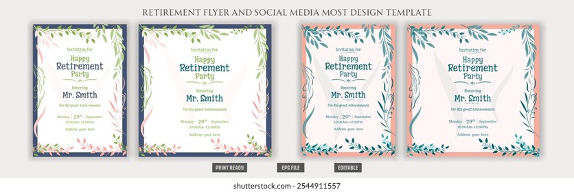 Retirement party flyer poster brochure design layout a4 traditional social media post chill vacation holiday beach vintage royal nostalgic vector clean trending editable typography print ready bundle.