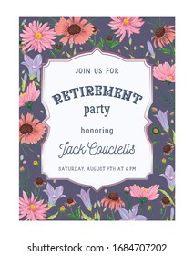 Retirement party invitation. Design template with bluebells, chamomile and daisy flowers. Rustic romantic floral background. Vintage vector botanical illustration in watercolor style