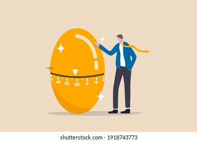 Retirement pension fund, IRA, 401K, Roth or ISA account in UK, investment for money to use after retirement concept, businessman standing with countdown timer golden egg move approaching retired age.