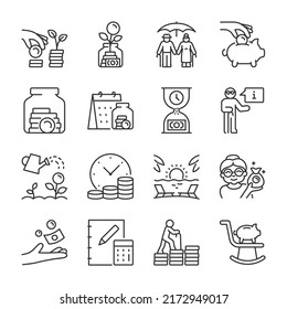 Retirement or pension icons set. Retirement Cash Savings. Old man with money, seniority pay, linear icon collection. Line with editable stroke