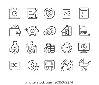 Iconos de Jubilación y Pensiones - Iconos de línea de vectores. Stroke editable. Gráfico vectorial