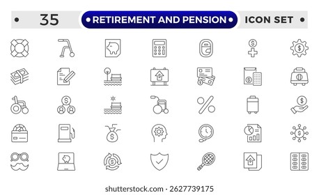 Retirement and pension outline icon set. Employee benefit stroke icons set. Related to teamwork, insurance, Bonus, pension, Security. Line icon collection.
