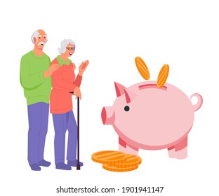 Retirement or pension savings concept with grandparents stand near piggy bank.  Pension fund  and bank money saving program for elderly people, flat vector illustration isolated on white background.