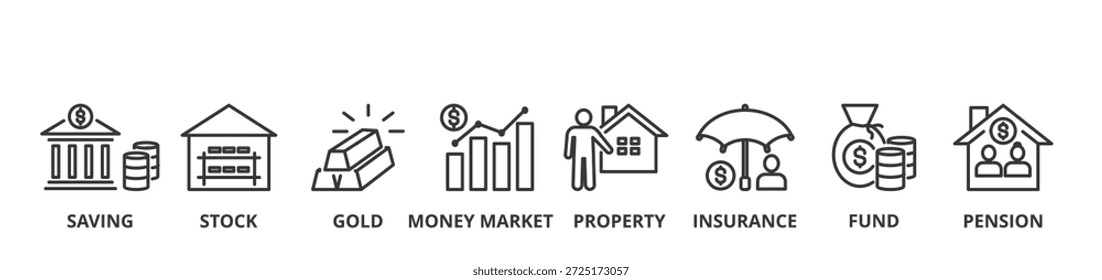 Pensionsplan-Banner Vektorgrafik-Konzept mit Symbolen von Sparen, Aktien, Gold, Geldmarkt, Immobilien, Versicherung, Fonds und Rente