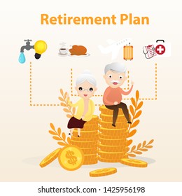 Retirement plan concept. Pension savings and planning concept illustration. Financial and accounting icons and symbols such as piggy bank, cash money, coins, savings, time period, vector, illustration