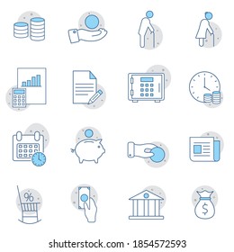 Retirement plan flat line icons set. Pension payment, money deposit, investment fund balance sheet inheritance vector illustration. Web design, mobile app.