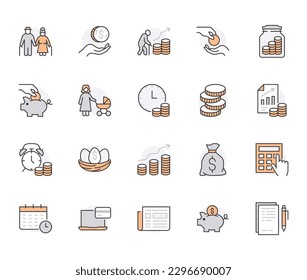 Retirement plan flat line icons set. Pension payment, money deposit, investment fund balance sheet inheritance vector illustration. Outline signs senior savings. Orange color. Editable Stroke